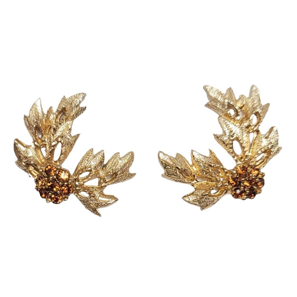 Bergere Gold Tone Topaz Rhinestone Brutalist Style Leaf Clip-On Earrings, Signed